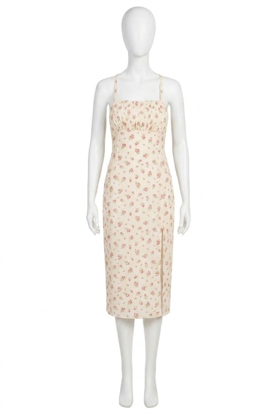 NEW DRESS FORUM pretty little rose tieback midi dress in cream/rose